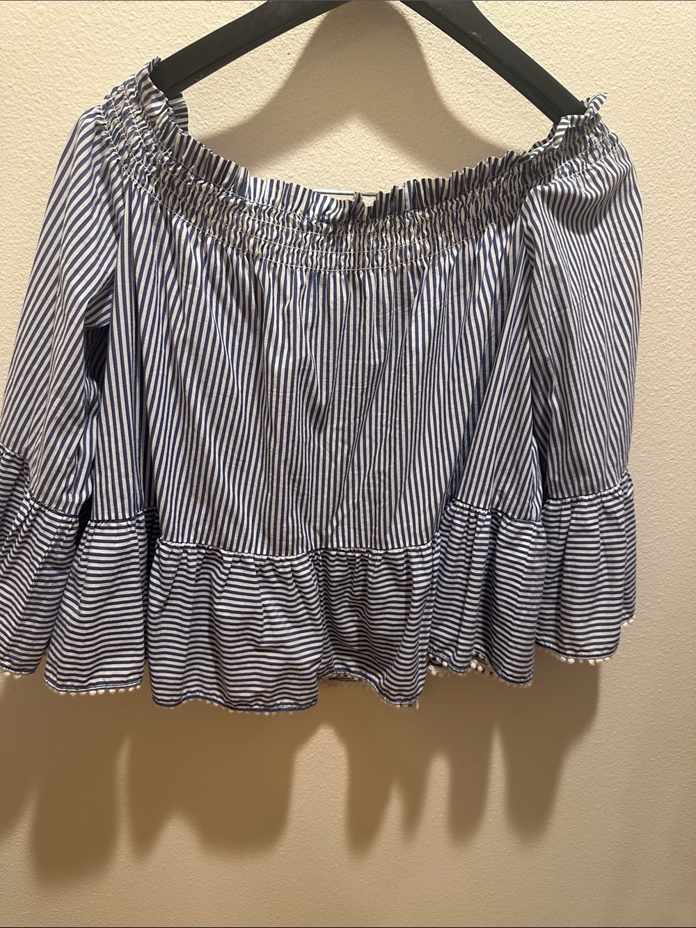 Highline Women’s L Blue White Striped Smocked Off Shoulder Peasant Blouse